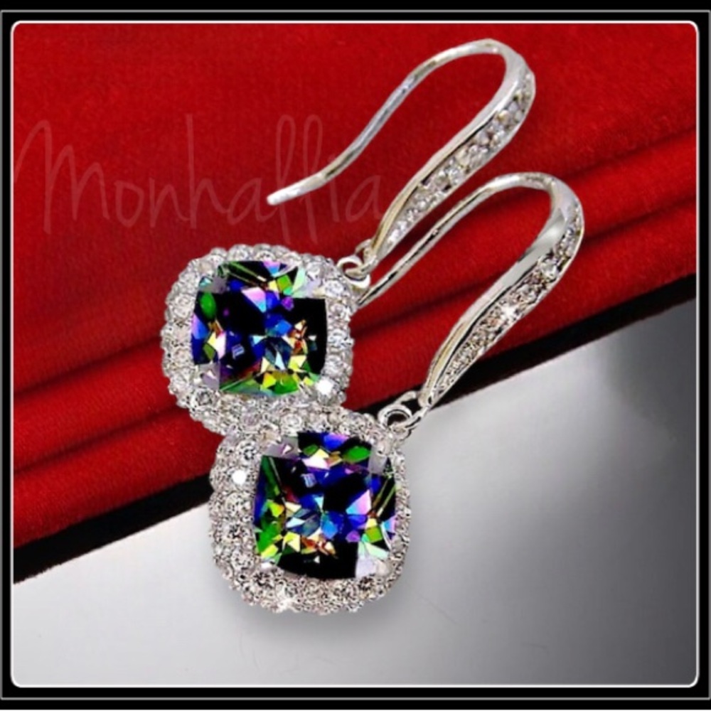 1.5 CT 14k WHITE GOLD MYSTIC RAINBOW TOPAZ DROP SIMULATED DIAMOND EARRINGS